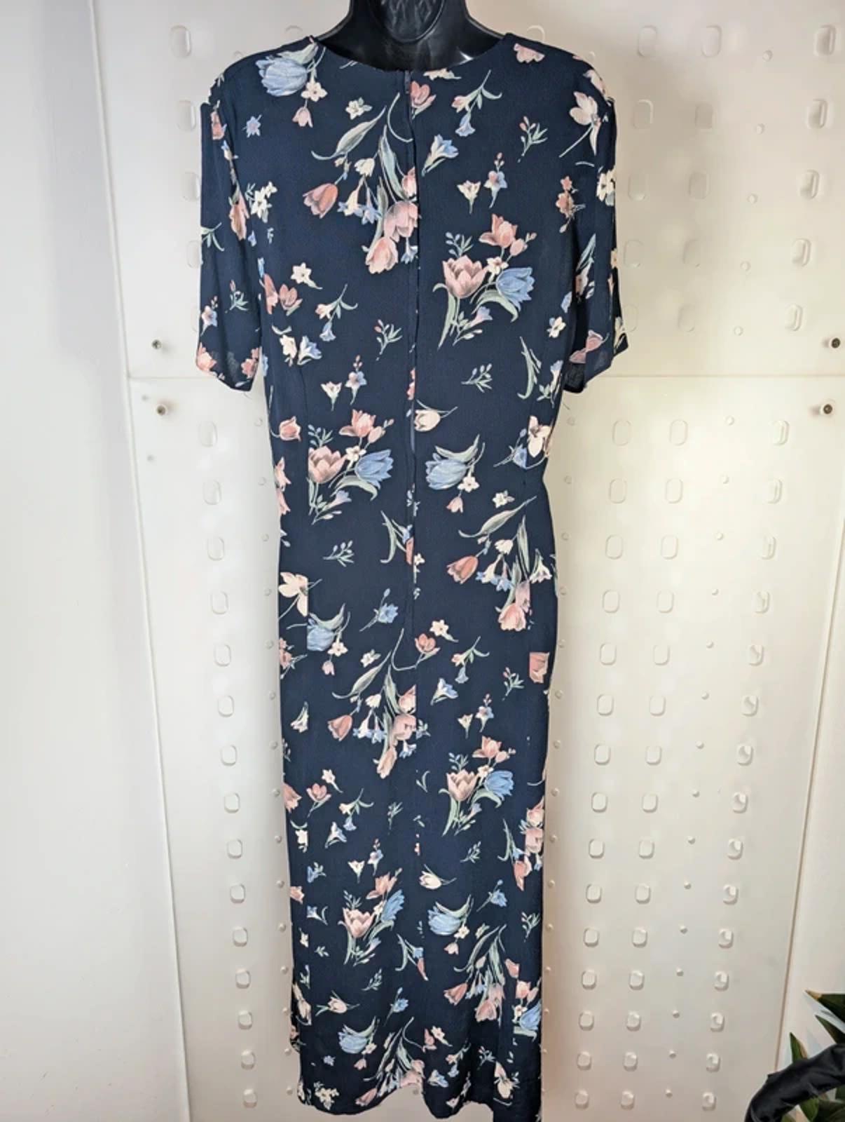 Vintage 90s C&A Navy Tulip Print Maxi Dress UK 12 14 Viscose Floral