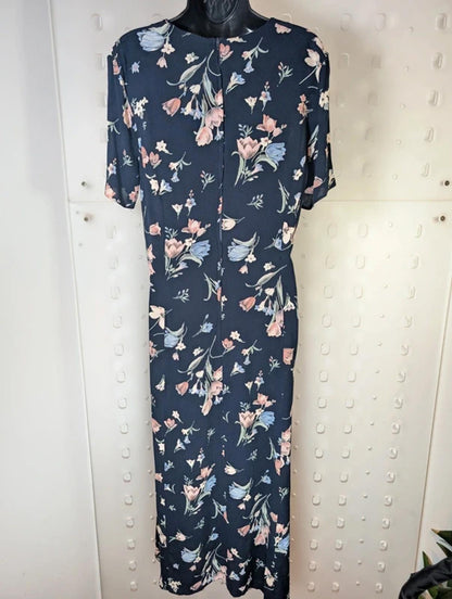 Vintage 90s C&A Navy Tulip Print Maxi Dress UK 12 14 Viscose Floral