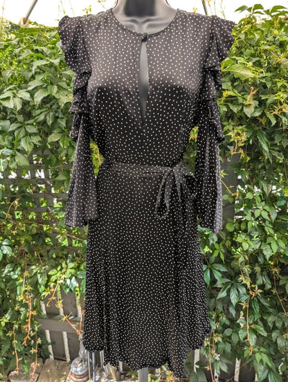 Ghost Black Polka Dot Midi Dress | Keyhole Neck | Cut Out Shoulders | UK M