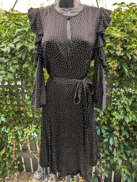 Ghost Black Polka Dot Midi Dress | Keyhole Neck | Cut Out Shoulders | UK M