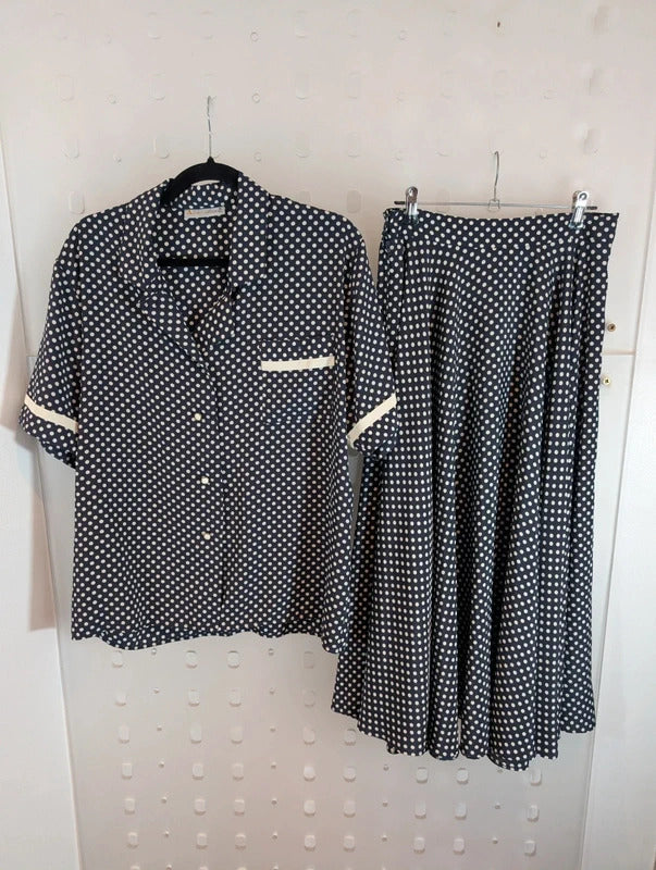 Vintage 1970s Aquascutum Navy Polka Dot Blouse & Skirt Set Made in France