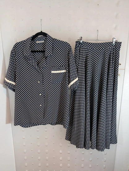 Vintage 1970s Aquascutum Navy Polka Dot Blouse & Skirt Set Made in France