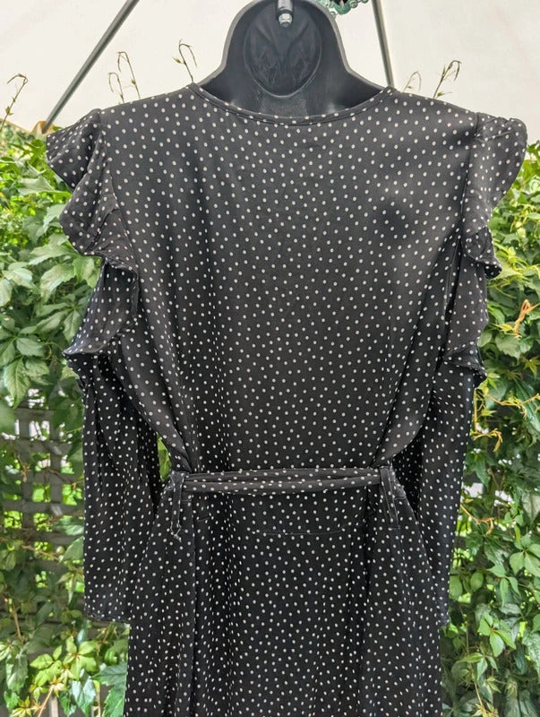 Ghost Black Polka Dot Midi Dress | Keyhole Neck | Cut Out Shoulders | UK M