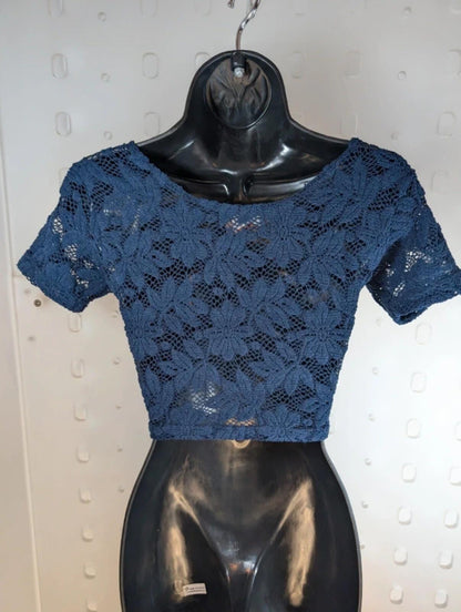 Navy Sheer Lace Crop Top – Micro Tee Festival Layering – XS/S