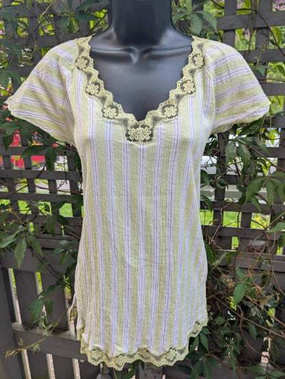 Blue Mist textured stripe cotton t shirt UK10 lace trim longline top