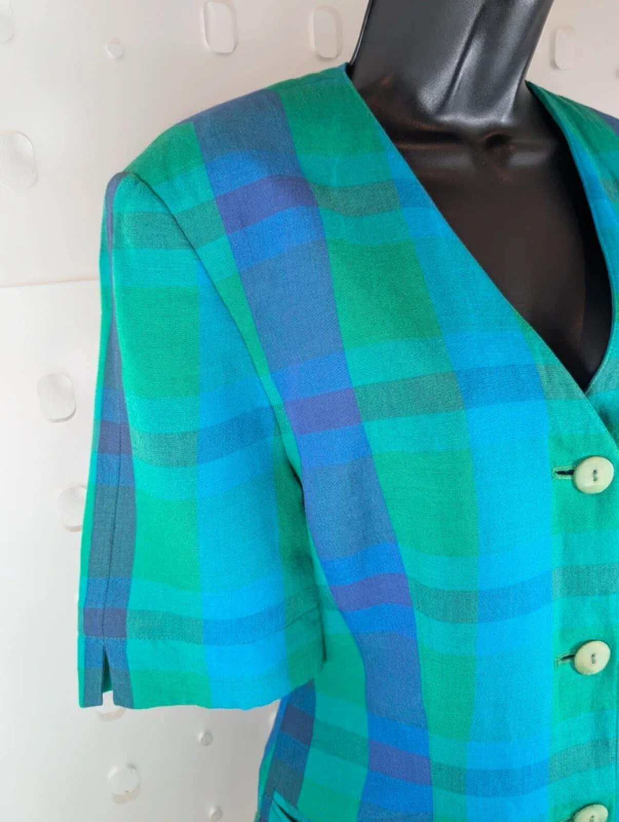 Vintage Betty Barclay checked linen jacket UK10 oversized lagenlook blue green