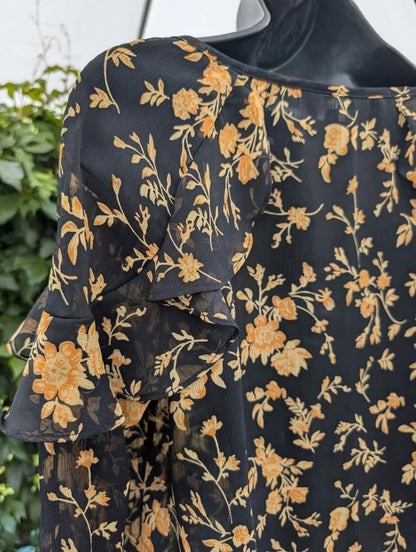 Envy Black & Mustard Floral Tie Neck Blouse UK8