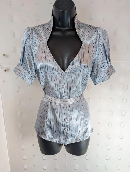BCBG Max Azria Tie Waist Blouse Soft V Neck Button Front UK6