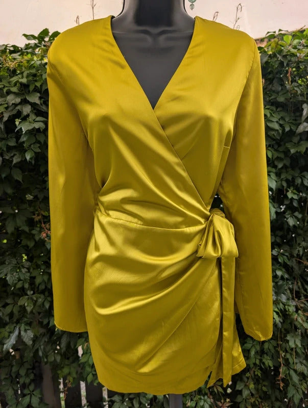 Never Fully Dressed Acid Green Satin Wrap Mini Dress XL