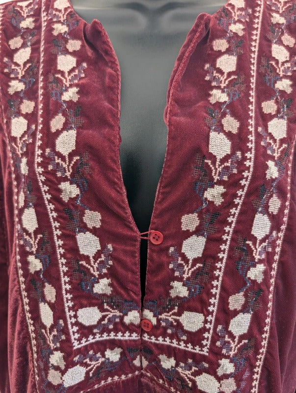 Free People Embroidered Velvet Mini Dress Burgundy Large