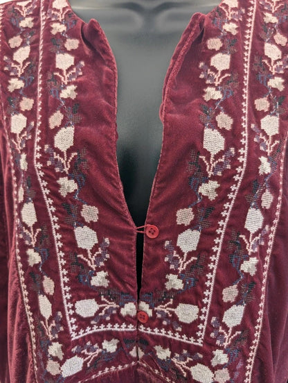 Free People Embroidered Velvet Mini Dress Burgundy Large
