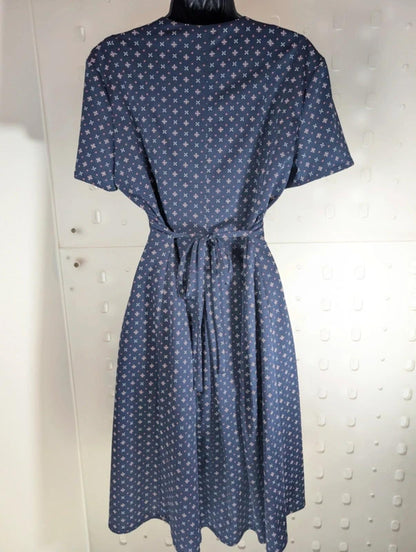 Vintage Berkertex Rose Tea Dress Navy Geometric Print UK14