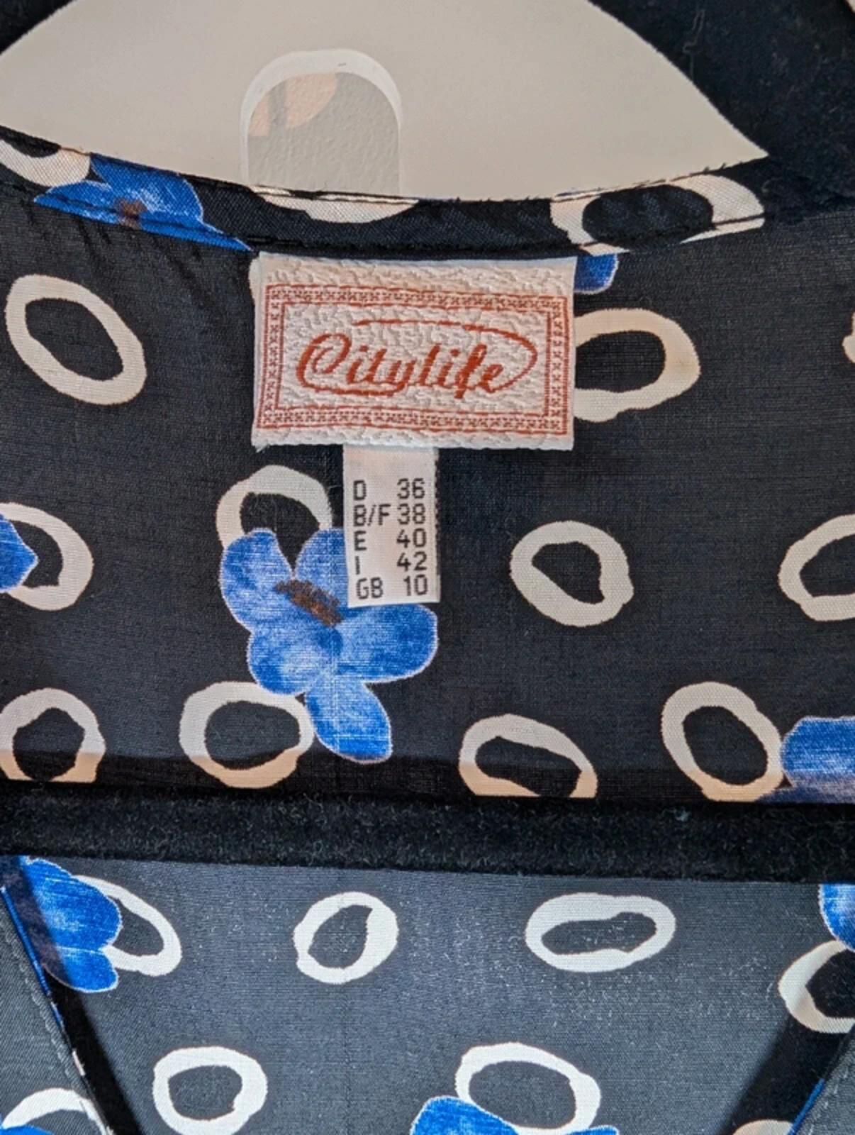 Vintage Citylife Floral Tea Dress Black Blue UK10