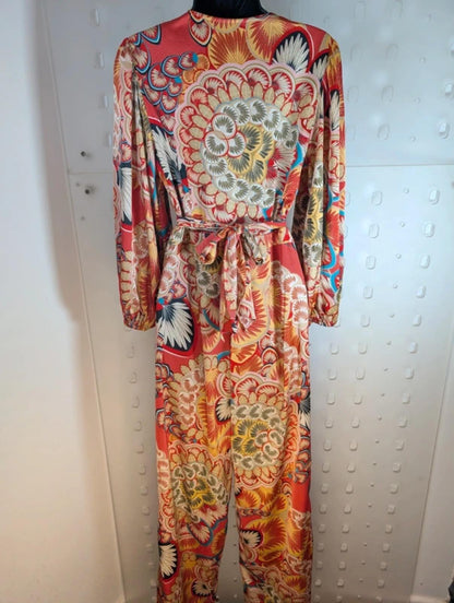 Traffic People Printed Jumpsuit Oriental Style Wide Leg Size S