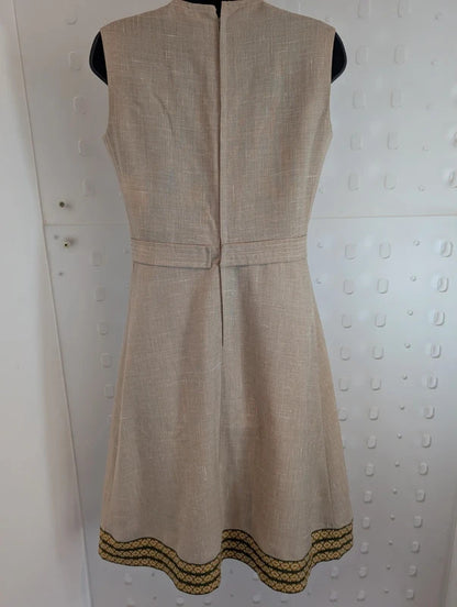 Vintage Handmade Beige Dress Geometric Trim Approx UK10 / 12