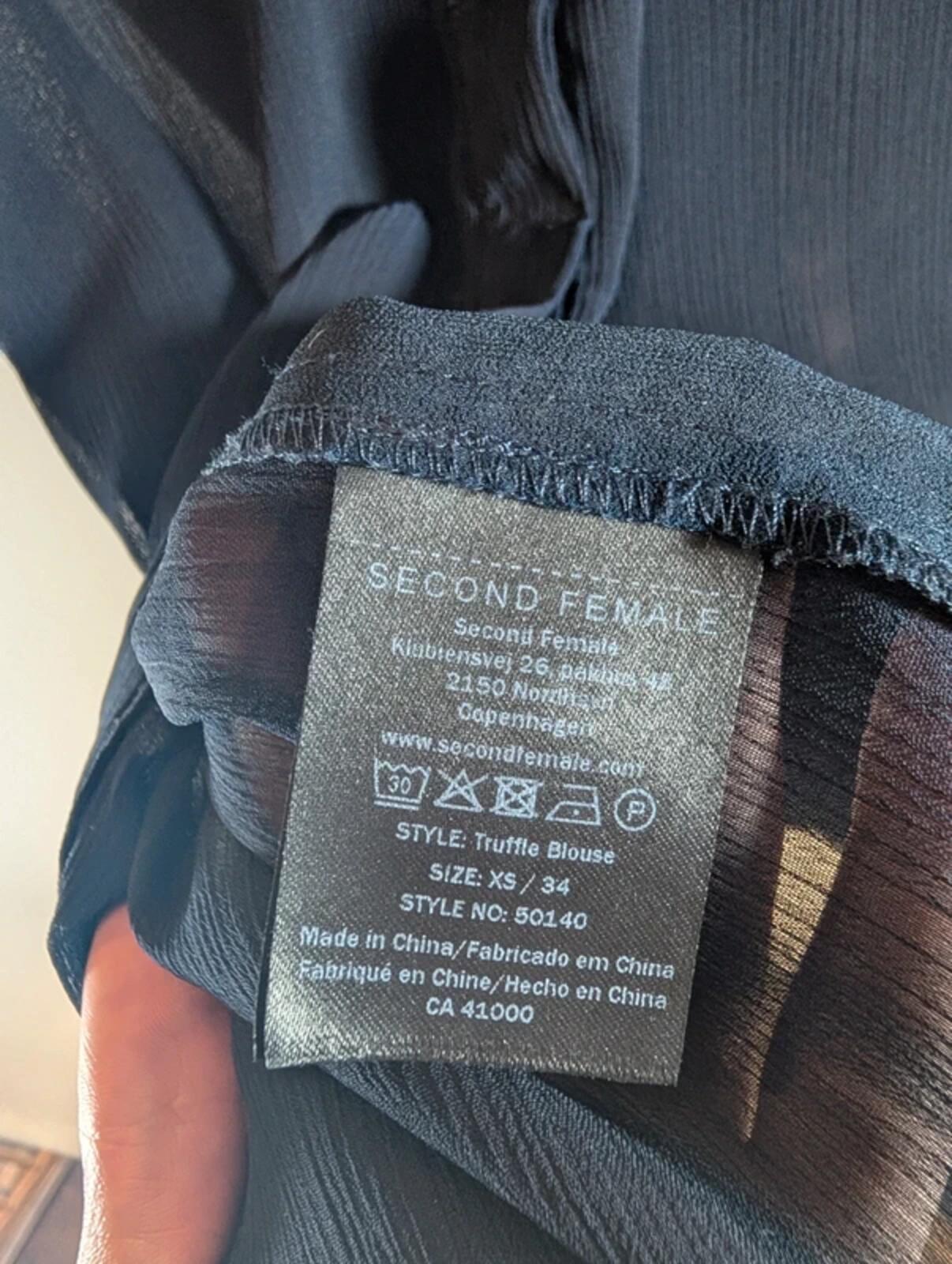 Second Female Truffle Blouse Navy Sheer Back Frill Neck Button Back Scandi XS