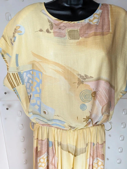 Vintage Janina Schreck Yellow Patterned Midi Dress UK 16