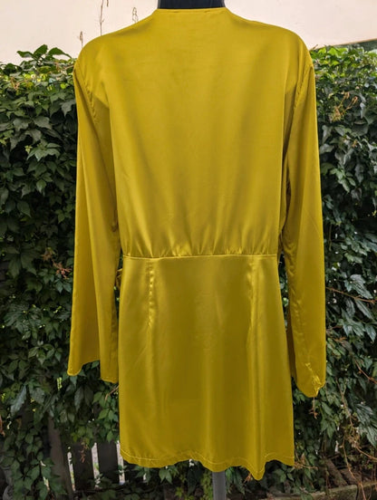 Never Fully Dressed Acid Green Satin Wrap Mini Dress XL