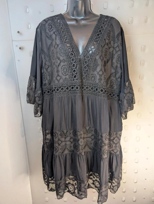Black Lace Dress – Flared Sleeves V Neck – Sheer Detail – Gothic Summer One Size