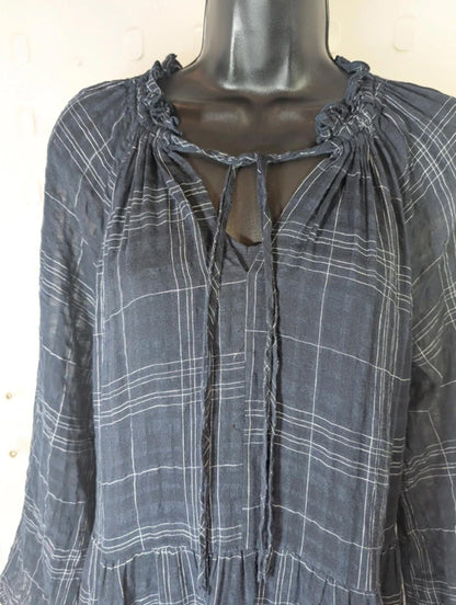 Jigsaw UK14 Navy Check Cotton Linen Blend Maxi Dress with Slip