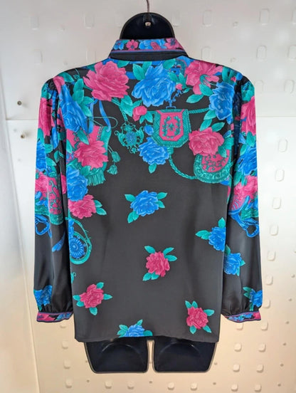 Dae Ho Vintage Floral Equestrian Blouse – Black – Puff Sleeve – UK 10/12