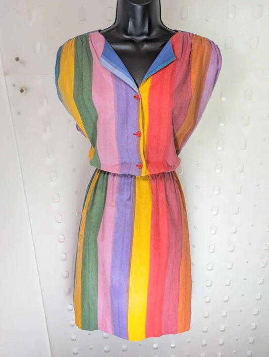 Vintage Rainbow Stripe Cotton Day Dress Button Front Pockets UK10