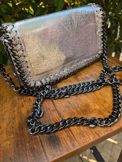 Borse in Pelle Genuine Leather Crossbody Clutch Bag Silver Made in Italy