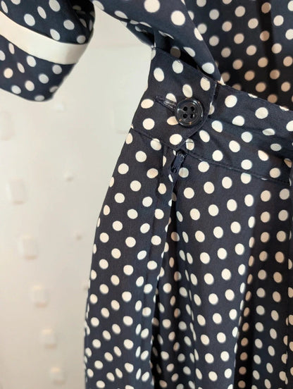 Vintage 1970s Aquascutum Navy Polka Dot Blouse & Skirt Set Made in France