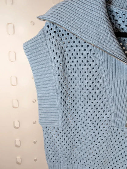 Varley Mila Half Zip Knit Gilet XS 100% Cotton Blue Sleeveless Jumper