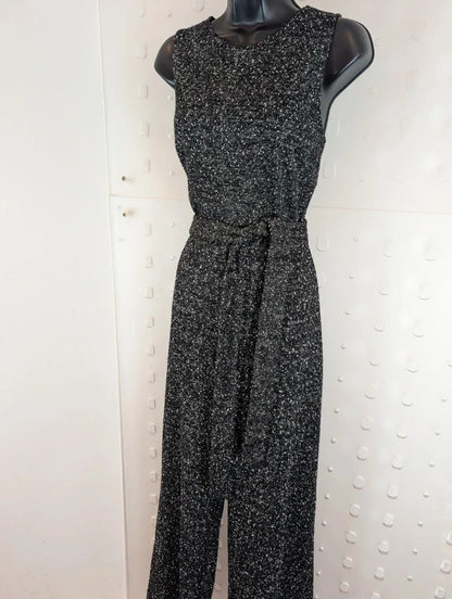 Mango Black Marl Wide Leg Belted Jumpsuit Size L NWT