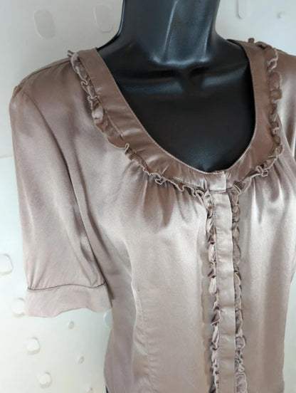 Per Una Speciale 100% Silk Blouse UK14 Taupe Ruffle