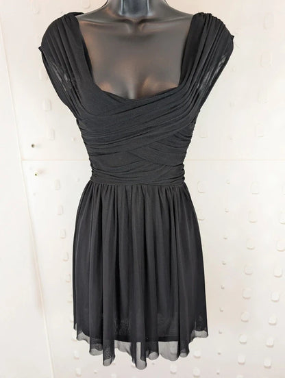 Topshop Black Ruched Mesh Mini Dress UK8 Gothic Y2K