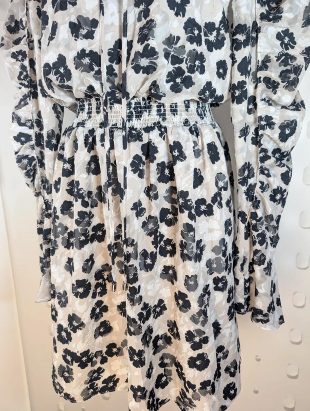 Ted Baker Black Floral Midi Dress Size 3 Shirred Waist Long Sleeve