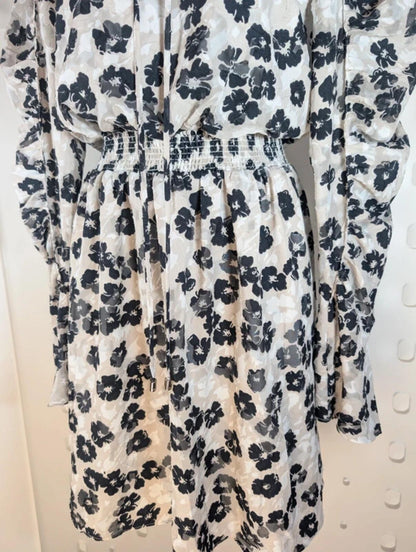 Ted Baker Black Floral Midi Dress Size 3 Shirred Waist Long Sleeve