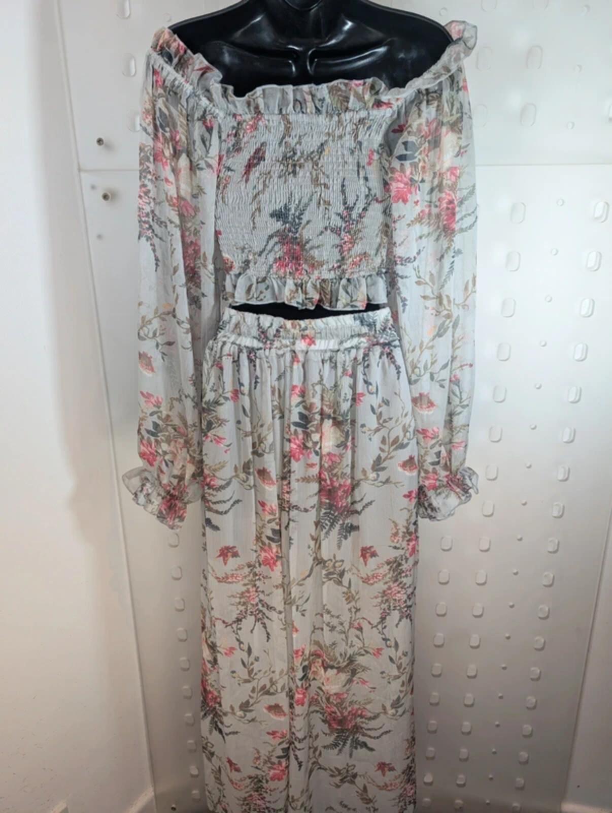 Sheer Floral Co-Ord Set Shirred Crop Top & Wide Leg Trousers Boho XS