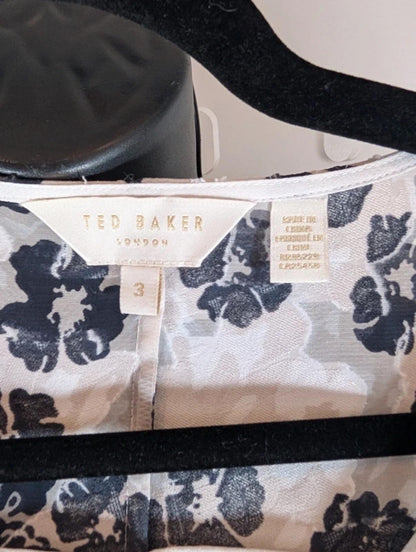 Ted Baker Black Floral Midi Dress Size 3 Shirred Waist Long Sleeve