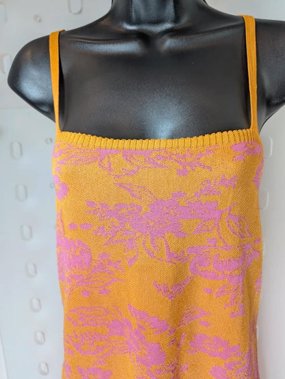 Zara Knit Strappy Midi Dress Pink Orange Stretch Square Neck S