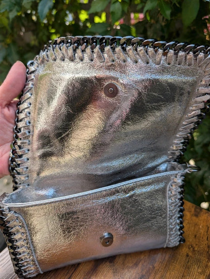 Borse in Pelle Genuine Leather Crossbody Clutch Bag Silver Made in Italy