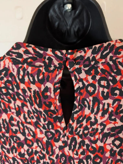 Karen Millen Leopard Print Blouse UK12 Pink Purple Ruffle Sleeve High Neck