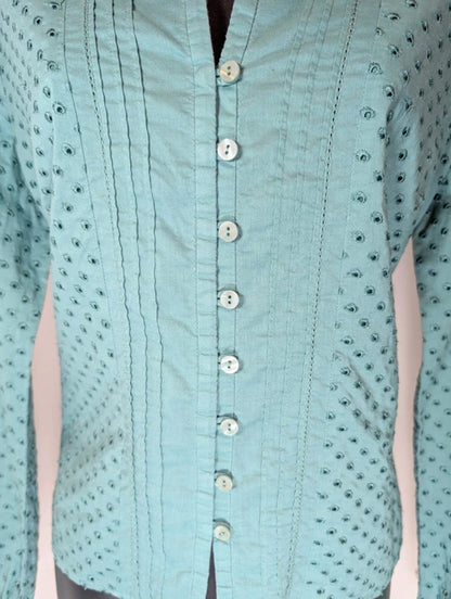 Laura Ashley Cotton Shirt Turquoise Embroidered UK 14