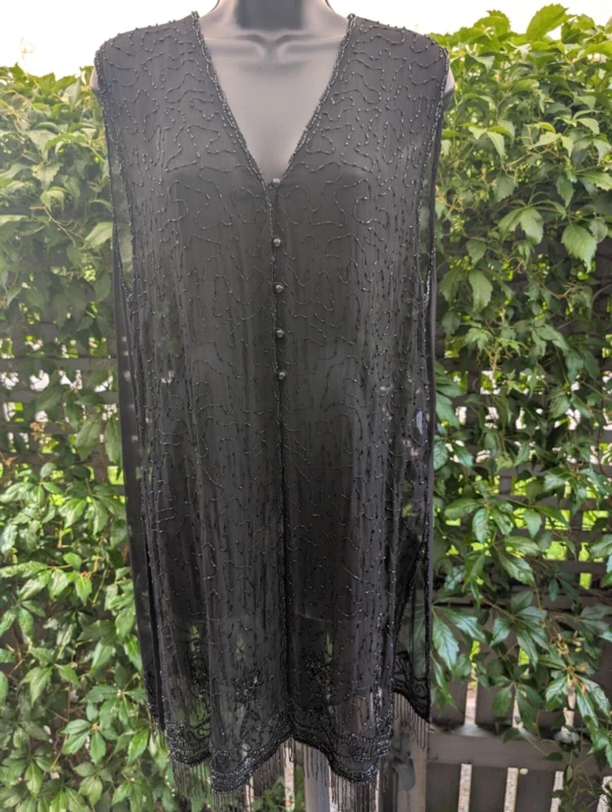 Vintage Indian Beaded Waistcoat Black Rayon S/M