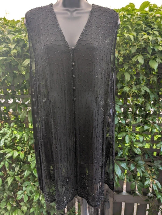 Vintage Indian Beaded Waistcoat Black Rayon S/M