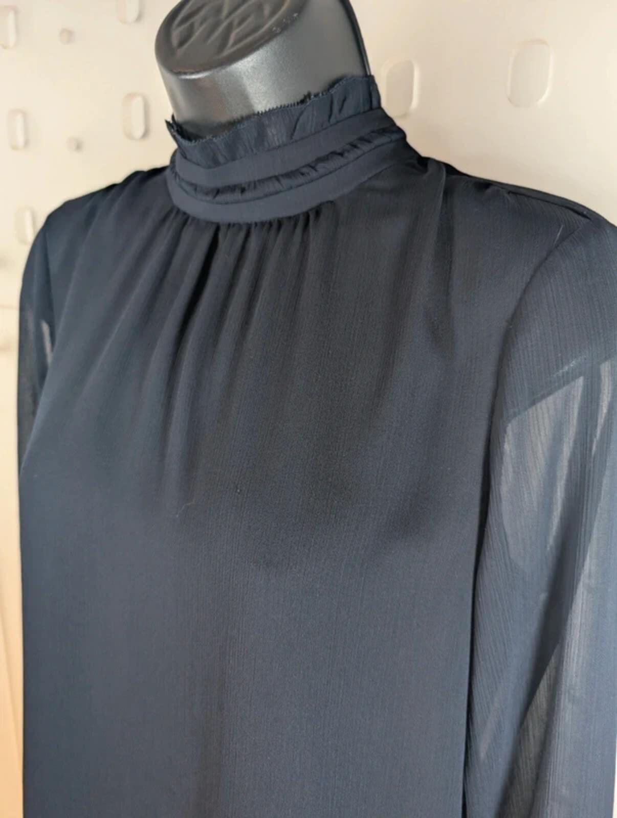 Second Female Truffle Blouse Navy Sheer Back Frill Neck Button Back Scandi XS