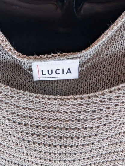 Lucia Khaki Crochet Knit Top Boho Scoop Neck Vest Brooch Detail Lightweight