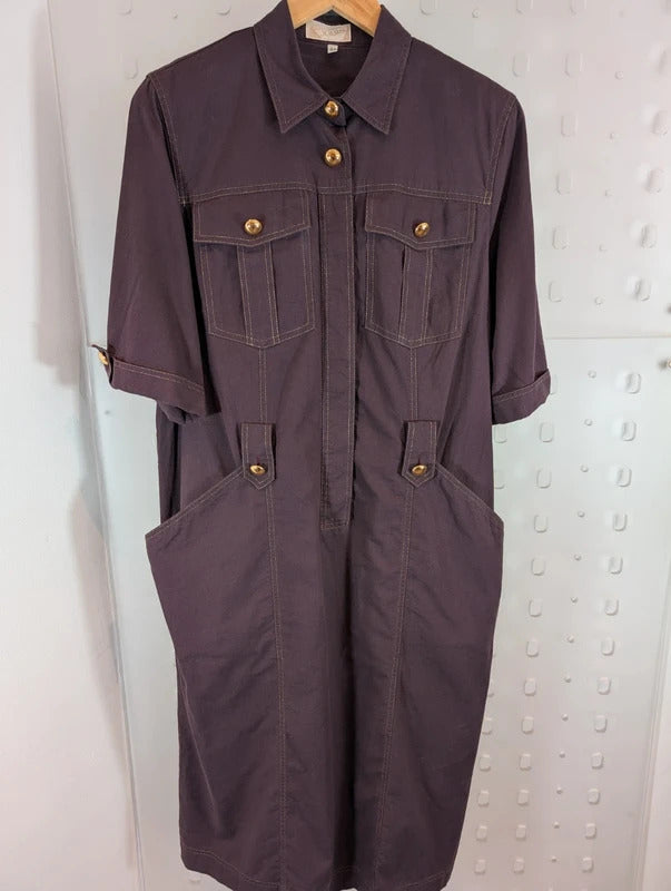 Vintage 80s Jobis Aubergine Cotton Shirt Dress UK16 EU44
