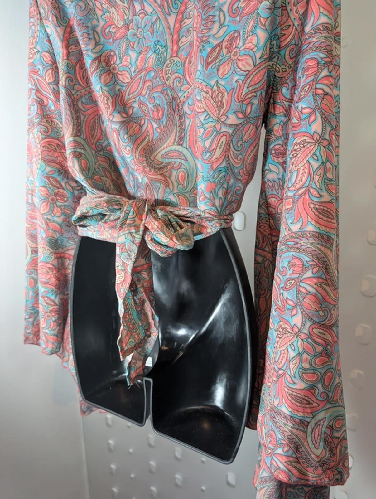 100% Silk Paisley Wrap Top | Coral & Blue | Boho Flared Sleeve