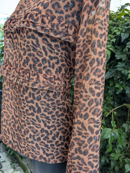Six Ames Malina Leopard Print Ruffle Blouse Size 38