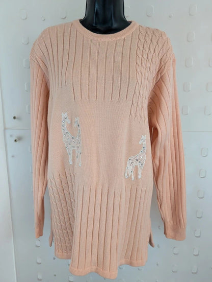 Vintage German Peach Merino Wool Blend Diamanté Giraffe Jumper UK18