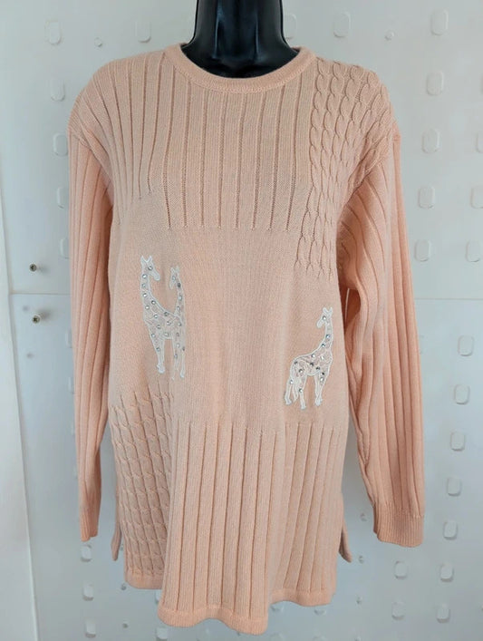 Vintage German Peach Merino Wool Blend Diamanté Giraffe Jumper UK18