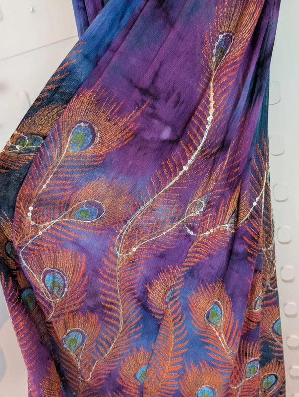 Indian Peacock Print Embellished Rayon Maxi Skirt Free Size